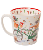 Mug with a bicycle and festive design on a white background