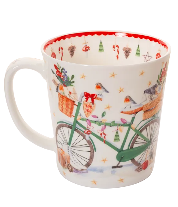 Mug with a bicycle and festive design on a white background