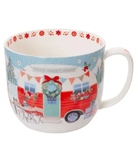 Mug with festive design of a red travel trailer and Christmas elements on a white background