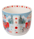 Decorative mug with winter scene design featuring trees, stars, and a travel trailer on a white background.