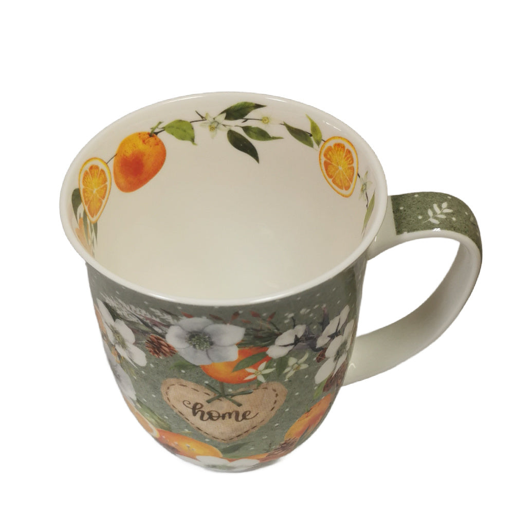 Mug with floral and fruit design on a white background