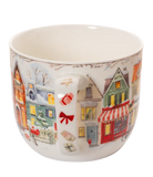 Mug with a decorative design of colourful houses and festive elements on a white background.