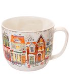 Mug with a winter village scene design on a white background
