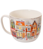Mug with a winter village scene design on a white background