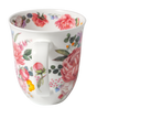 Floral mug with pink roses and green leaves on a white background