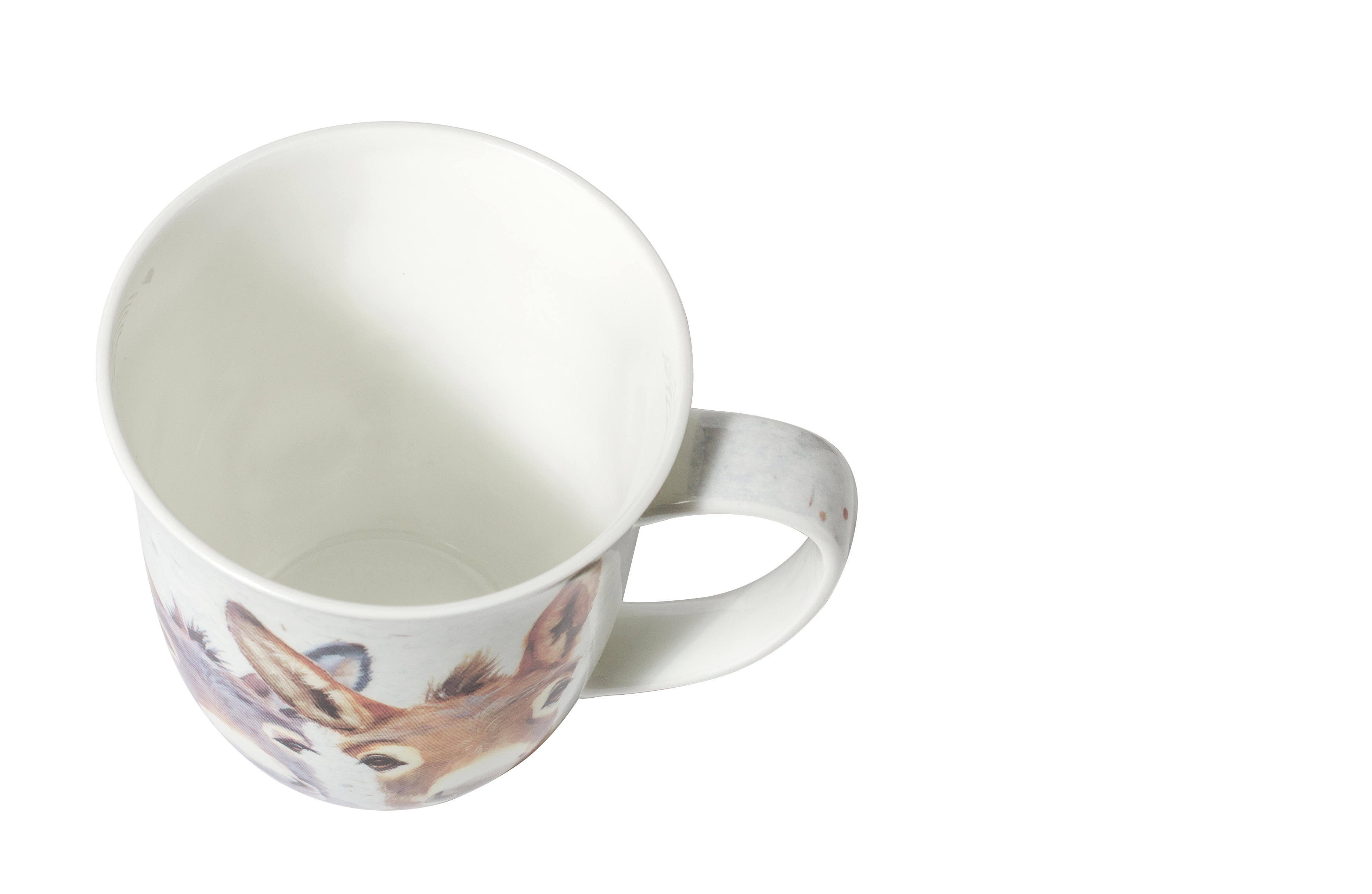 White mug with a donkey design on a white background