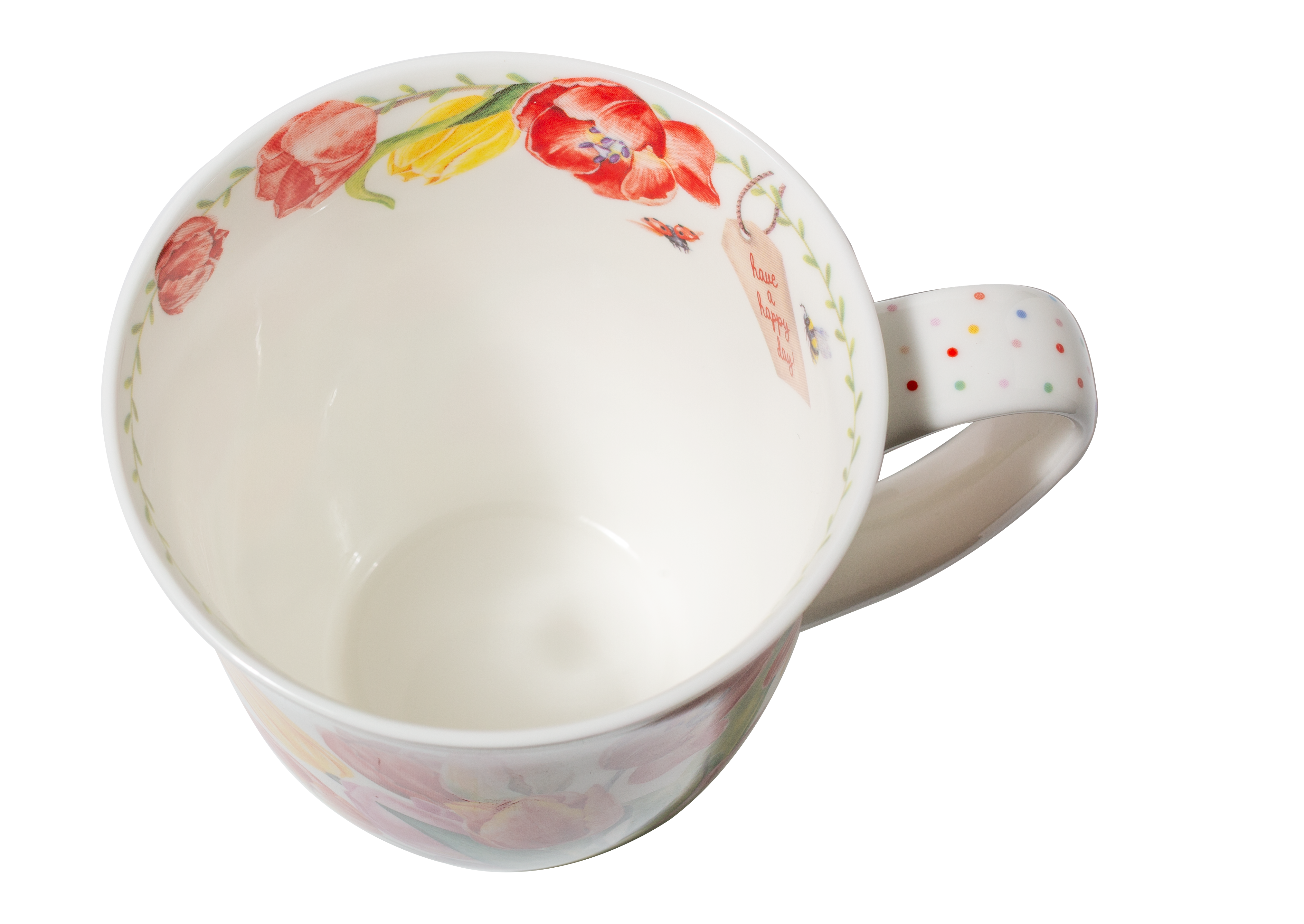 Floral-patterned ceramic mug on a white background
