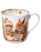 White mug featuring two red squirrels in winter scarves, one holding a green cup and the other a pine cone, with stars inside the rim.