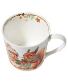 Top view of a squirrel mug showing a branch border with evergreen sprigs and hanging stars around the inside rim.