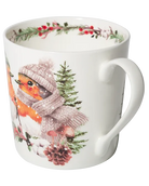 Side view of a white mug showing a robin in a mauve knitted hat and scarf beside an evergreen tree and pine cone, with the handle on the right.