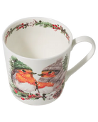 Top view of a robin mug showing evergreen foliage and red berries around the inner rim, with two winter robins illustrated outside.