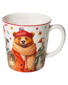 White mug with a red rim featuring a bear in a red winter hat and coat, wearing a scarf and holding a lantern.