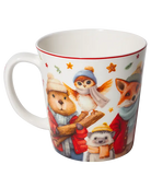 Reverse view of a white mug with a red rim, featuring an owl, fox, and other animal friends wearing colourful winter hats and scarves.