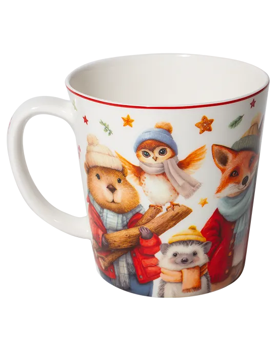 Reverse view of a white mug with a red rim, featuring an owl, fox, and other animal friends wearing colourful winter hats and scarves.