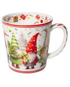 White Christmas mug featuring gnomes in red and green hats carrying gifts and a small evergreen tree, with red striped borders.