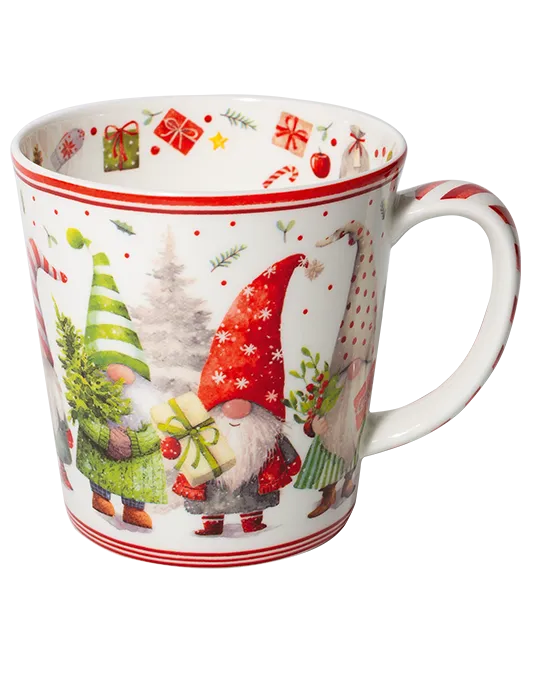 White Christmas mug featuring gnomes in red and green hats carrying gifts and a small evergreen tree, with red striped borders.
