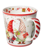 Side view of a Christmas gnome mug showing a gnome holding a red gift and a red-and-white candy-cane-striped handle.