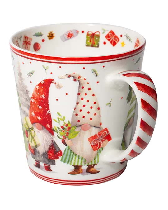 Side view of a Christmas gnome mug showing a gnome holding a red gift and a red-and-white candy-cane-striped handle.