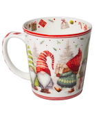 White Christmas mug featuring gnomes in red hats, one carrying a wrapped gift, with red striped borders and festive decorations inside the rim.