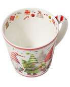 Top view of a Christmas gnome mug showing gifts, ornaments, and candy canes decorating the inside rim.