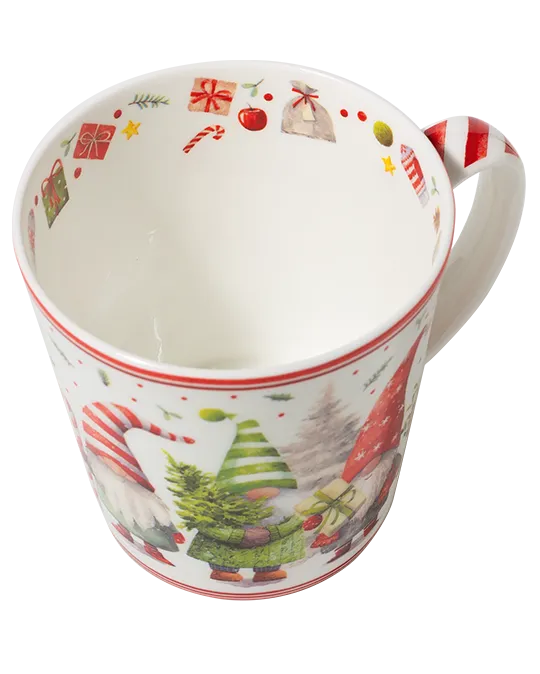 Top view of a Christmas gnome mug showing gifts, ornaments, and candy canes decorating the inside rim.