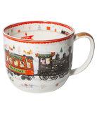 White jumbo mug featuring a black steam engine and red Tea & Cake carriage in a snowy landscape, with a red scalloped rim.