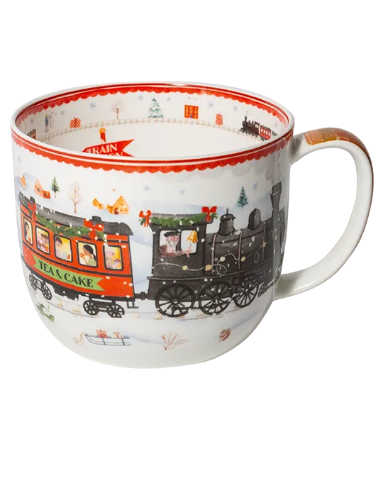 White jumbo mug featuring a black steam engine and red Tea & Cake carriage in a snowy landscape, with a red scalloped rim.