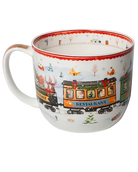 Reverse view of a Winter Express mug featuring an orange restaurant carriage decorated with evergreen garlands and red bows.