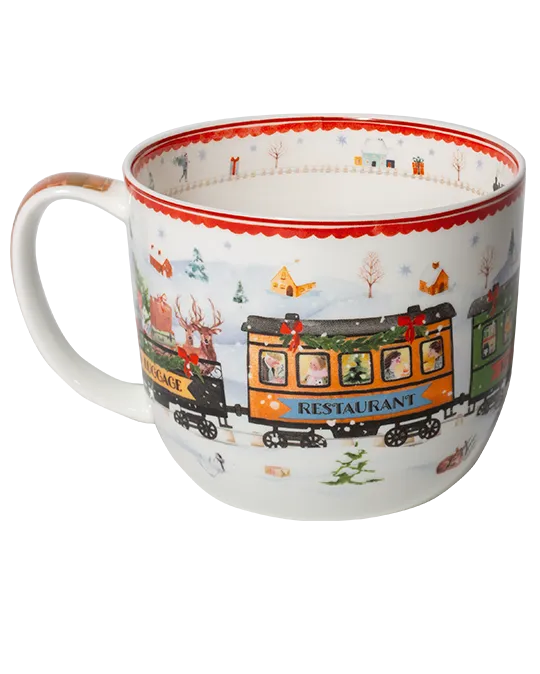 Reverse view of a Winter Express mug featuring an orange restaurant carriage decorated with evergreen garlands and red bows.