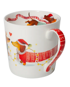 Side view of a dachshund mug showing a dog in a Santa hat and red patterned jumper beside a matching red festive handle.