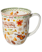 400 ml fine bone china Christmas mug with musical notes, a trumpet, violin, bells, stars, deer, and a green leafy rim. 
