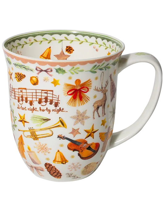400 ml fine bone china Christmas mug with musical notes, a trumpet, violin, bells, stars, deer, and a green leafy rim. 