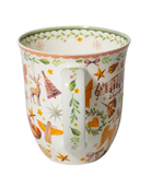 400 ml fine bone china Christmas mug with musical notes, a trumpet, violin, bells, stars, deer, and a green leafy rim. 