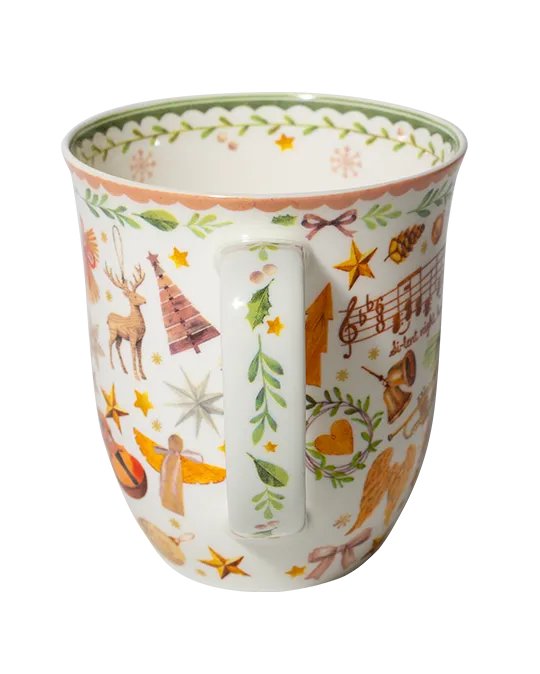 400 ml fine bone china Christmas mug with musical notes, a trumpet, violin, bells, stars, deer, and a green leafy rim. 