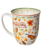 400 ml fine bone china Christmas mug with musical notes, a trumpet, violin, bells, stars, deer, and a green leafy rim. 