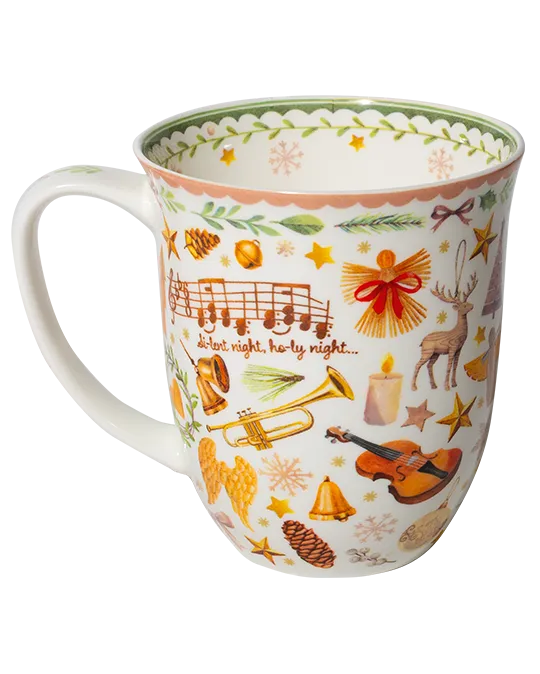 400 ml fine bone china Christmas mug with musical notes, a trumpet, violin, bells, stars, deer, and a green leafy rim. 