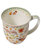 400 ml fine bone china Christmas mug with musical notes, a trumpet, violin, bells, stars, deer, and a green leafy rim. 