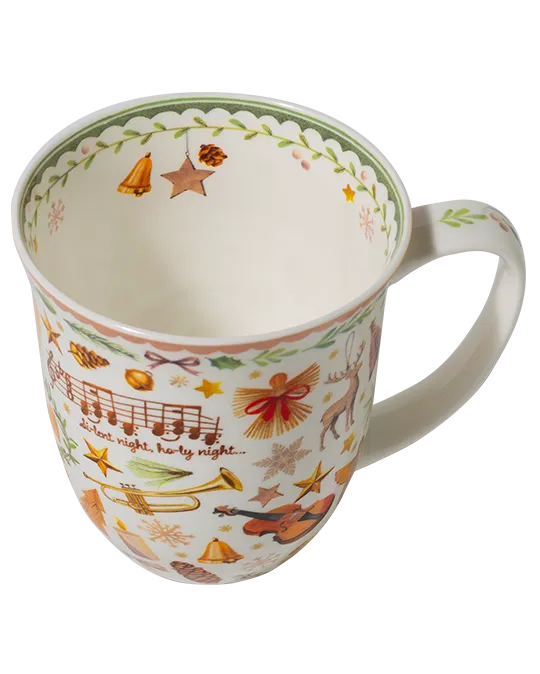 400 ml fine bone china Christmas mug with musical notes, a trumpet, violin, bells, stars, deer, and a green leafy rim. 