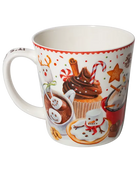 Reverse view of a white mug featuring a chocolate cupcake, candy cane, snowman cookie, and cocoa with snowman-shaped marshmallows.