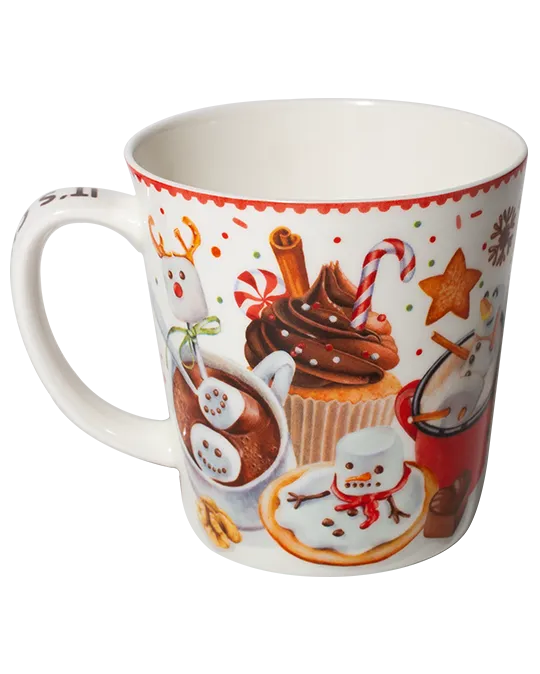 Reverse view of a white mug featuring a chocolate cupcake, candy cane, snowman cookie, and cocoa with snowman-shaped marshmallows.