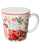 White mug with festive illustrations of whipped-cream-topped cocoa in a red cup, candy canes, cookies, and a red scalloped rim.