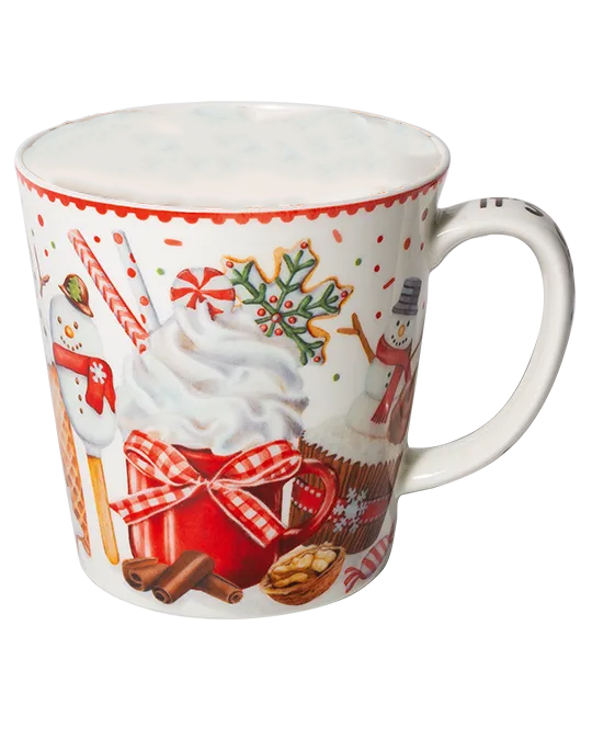 White mug with festive illustrations of whipped-cream-topped cocoa in a red cup, candy canes, cookies, and a red scalloped rim.