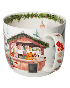 Side view of a snowy market mug showing a gift stall with teddy bears, hanging cards, and wrapped presents beside a decorated handle.