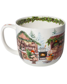 Reverse view of a snowy market mug featuring wooden stalls, a glowing stove, a produce basket, and snow-covered evergreen trees.