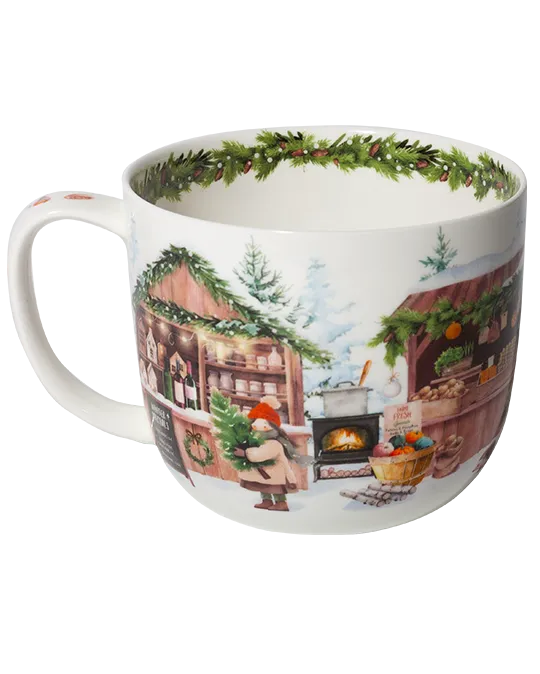 Reverse view of a snowy market mug featuring wooden stalls, a glowing stove, a produce basket, and snow-covered evergreen trees.