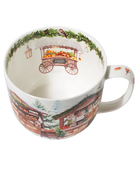 Top view of a jumbo mug showing an illustrated produce cart inside and a green garland with birds and hanging ornaments around the inner rim.