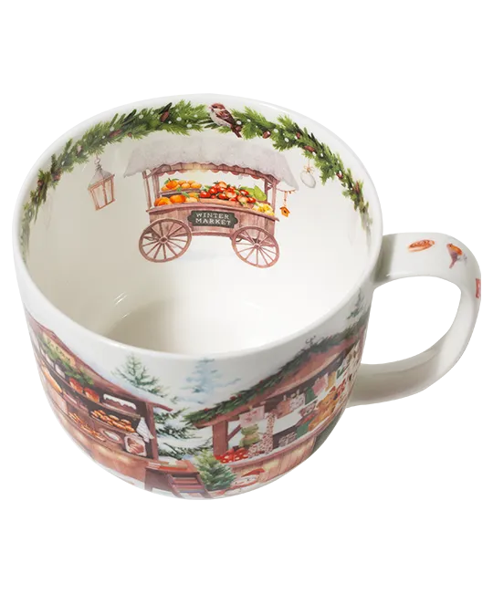 Top view of a jumbo mug showing an illustrated produce cart inside and a green garland with birds and hanging ornaments around the inner rim.