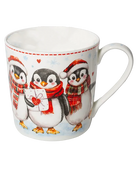 White mug featuring three penguins in red winter scarves, two wearing Santa hats and one holding a wrapped gift, with hearts and snowflakes.
