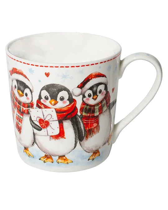 White mug featuring three penguins in red winter scarves, two wearing Santa hats and one holding a wrapped gift, with hearts and snowflakes.