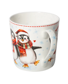 Side view of a white mug showing a penguin in a Santa hat and red plaid scarf beside a pale blue snowflake-patterned handle.